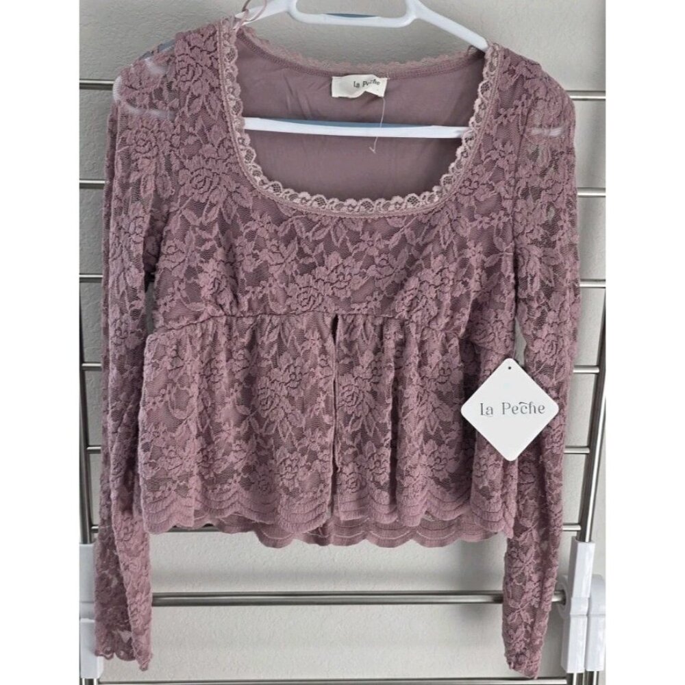 La Peche Mauve Lace Boho Top M Long Sleeve Floral Bridal Babydoll Cotton Blend - Picture 2 of 10